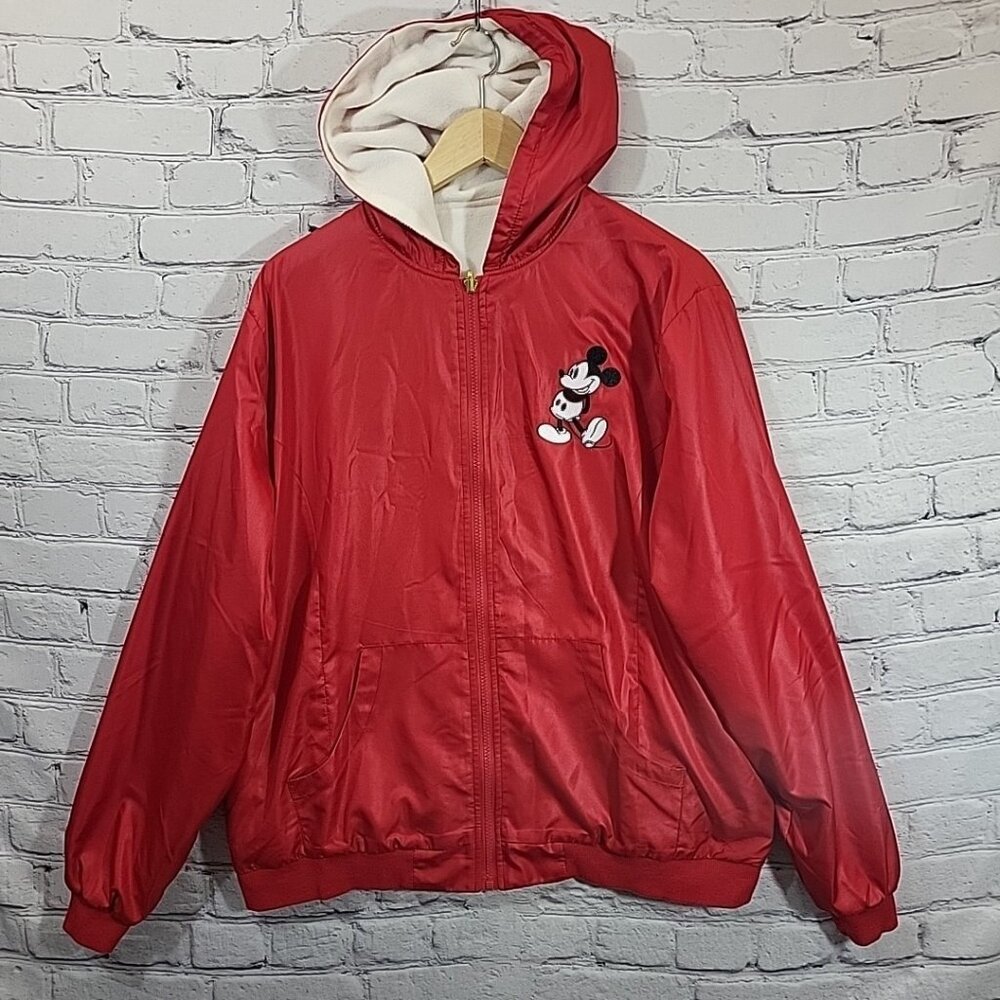 Disney Women’s Red Reversible Mickey Minnie Windbreaker Jacket Sz L Bradford